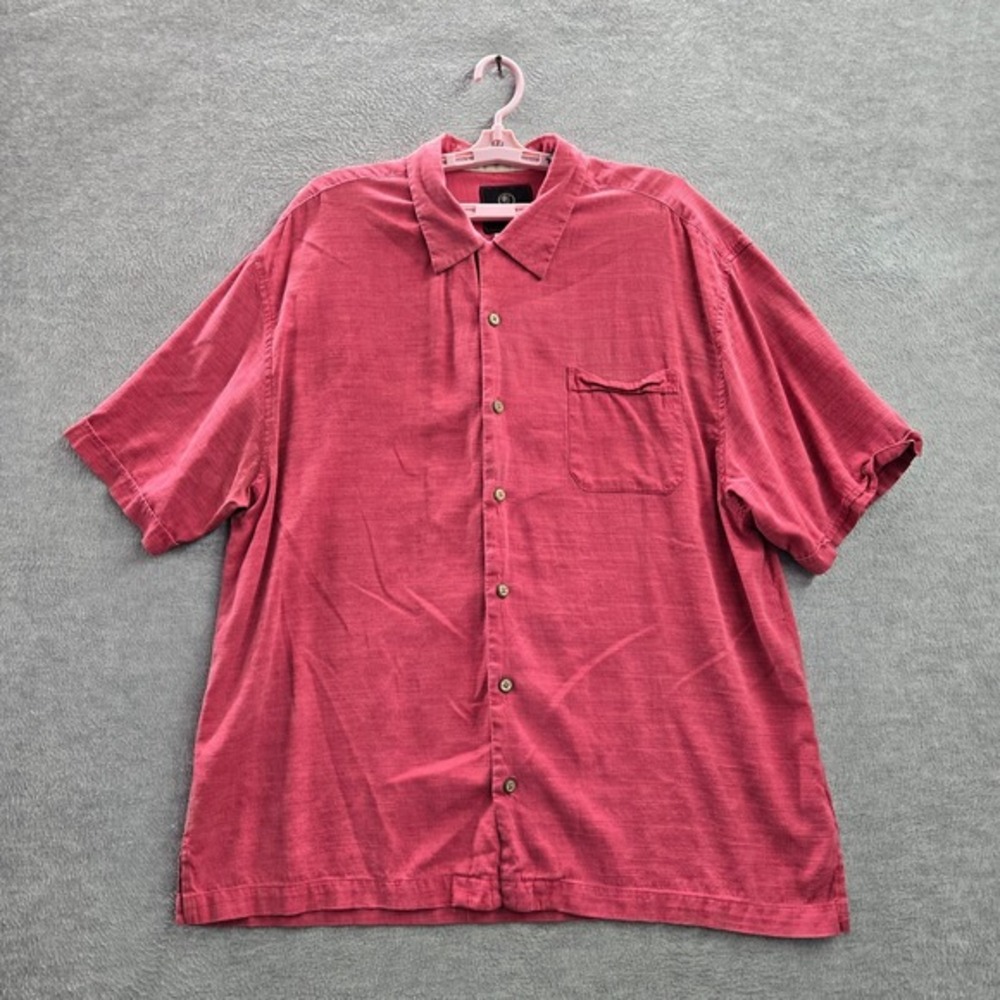 Jamaica Jaxx Men Button Up Shirt 2XL Red Jacquard Silk Short Sleeve Logo